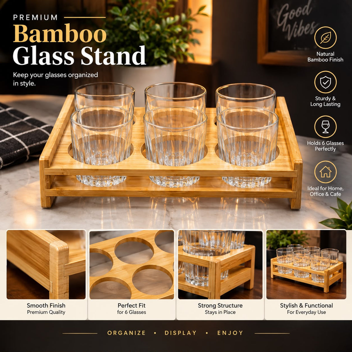 Premium Bamboo Glass Holder – 6-Piece Glass Stand Organizer