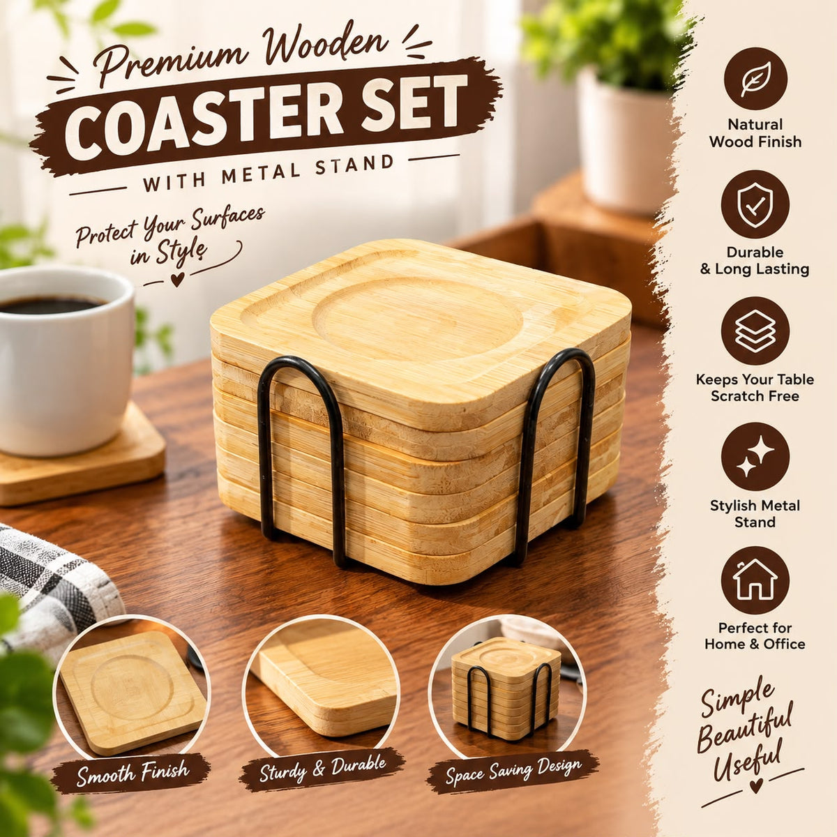Premium Wooden Coaster Set with Metal Stand