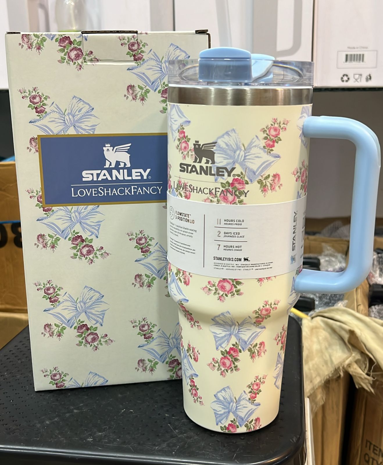 Stanley x LoveShackFancy 40oz Cream Tumbler with Blue Bows – Limited Edition Elegance