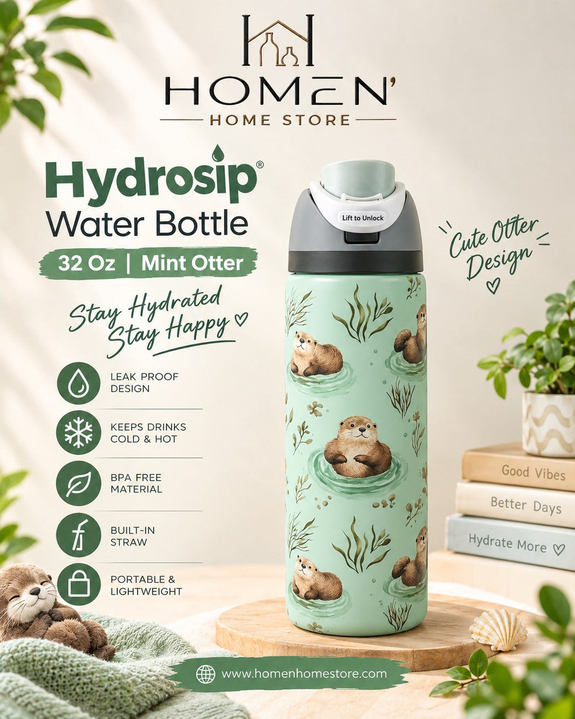 Hydro sip Water Bottle | 32 Oz | Mint Otter