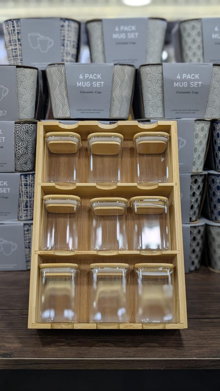 Multi-Compartment Wooden Storage Box & Glass Jar Set