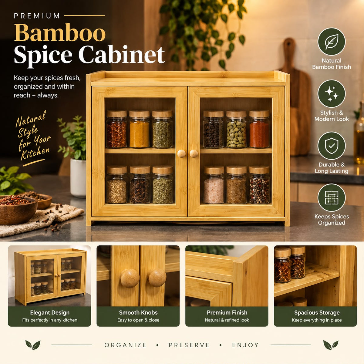 Premium Bamboo Spice Cabinet – Wooden Spice Storage Organizer