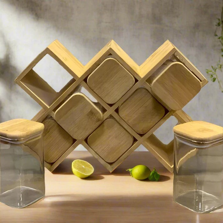 Bamboo Masala Jar Set with Wood Stand - 8 Pcs