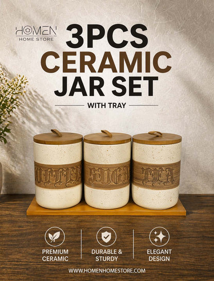 3 Pcs Ceramic Jar Set With Tray