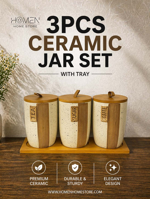 3 Pcs Ceramic Jar Set With Tray