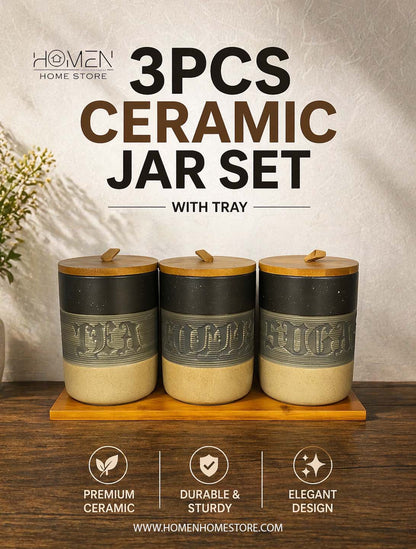 3 Pcs Ceramic Jar Set With Tray