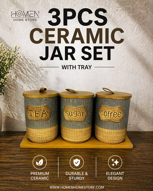 3 Pcs Ceramic Jar Set With Tray