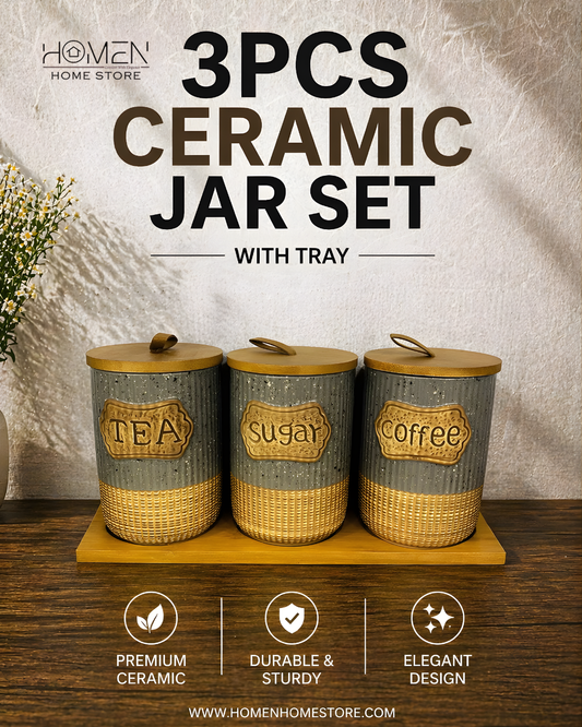 3 Pcs Ceramic Jar Set With Tray