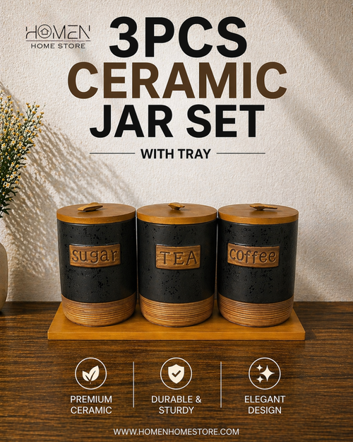3 Pcs Ceramic Jar Set With Tray