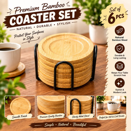 Premium Bamboo Coaster Set – 6 Pcs with Metal Stand