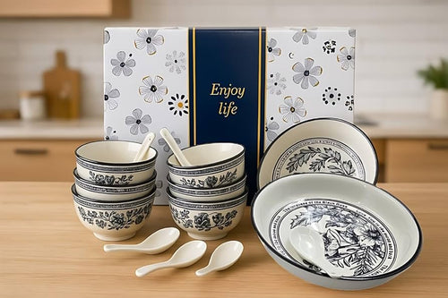 Elegant Black & White Ceramic Bowl Set with Spoons