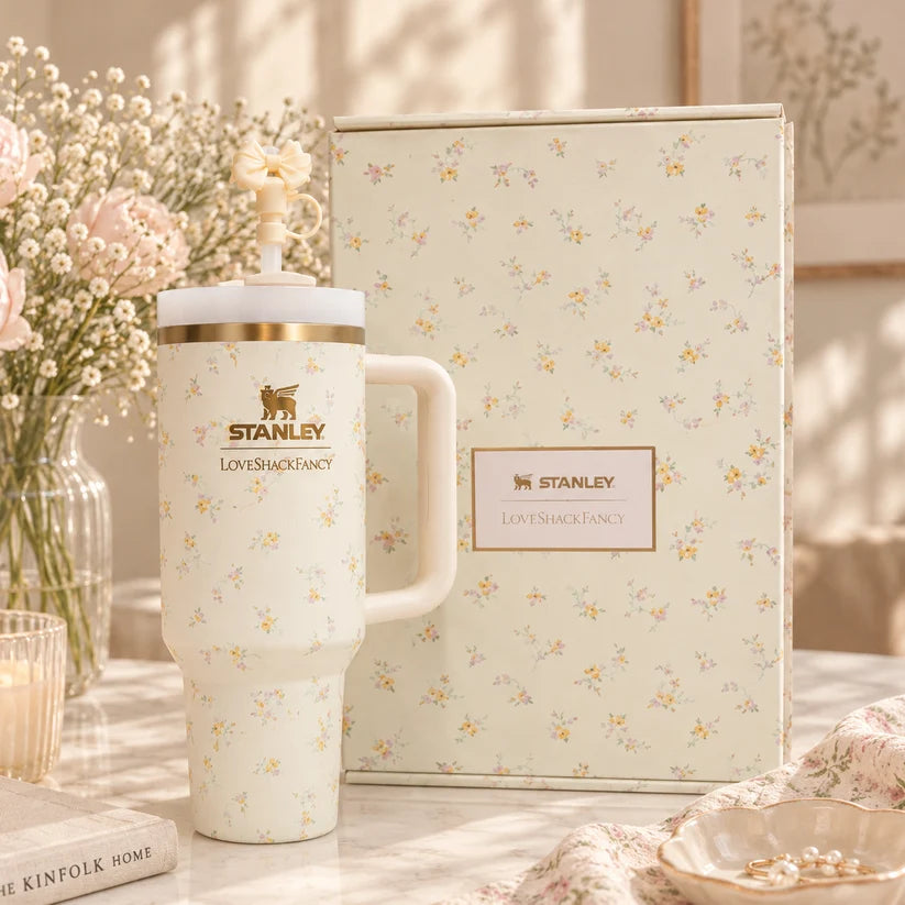 Stanley x LoveShackFancy 40oz Insulated Tumbler – Cream Wildflower Floral Gift Set with Bow Straw Topper