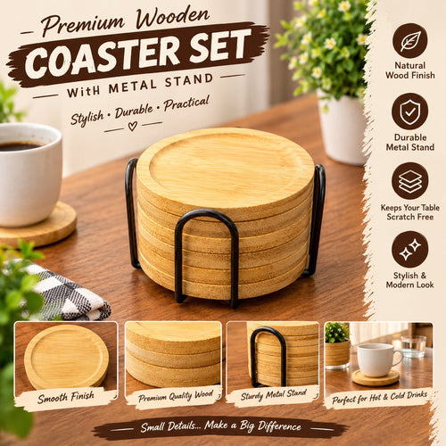 Premium Round Wooden Coaster Set with Metal Stand