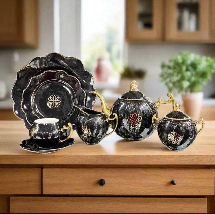 MODERN CERAMIC FLORAL TEASET (BLACK)