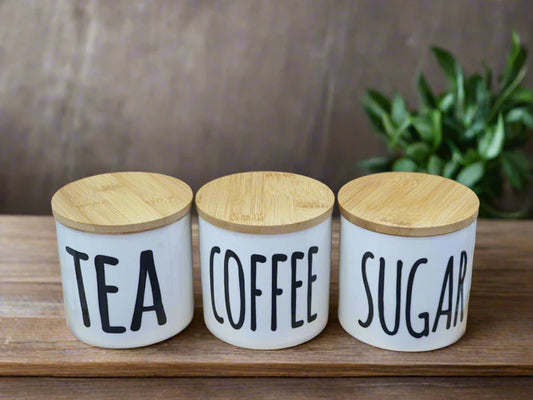 3-Piece Ceramic Jar with Bamboo Lid Tea Coffee Sugar