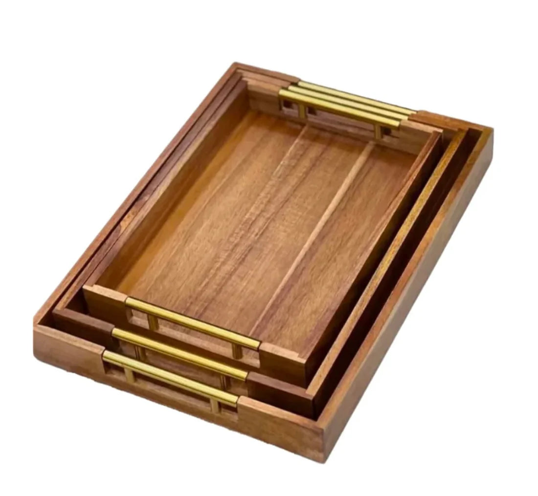 Wooden Bamboo Serving Tray With Golden Handles