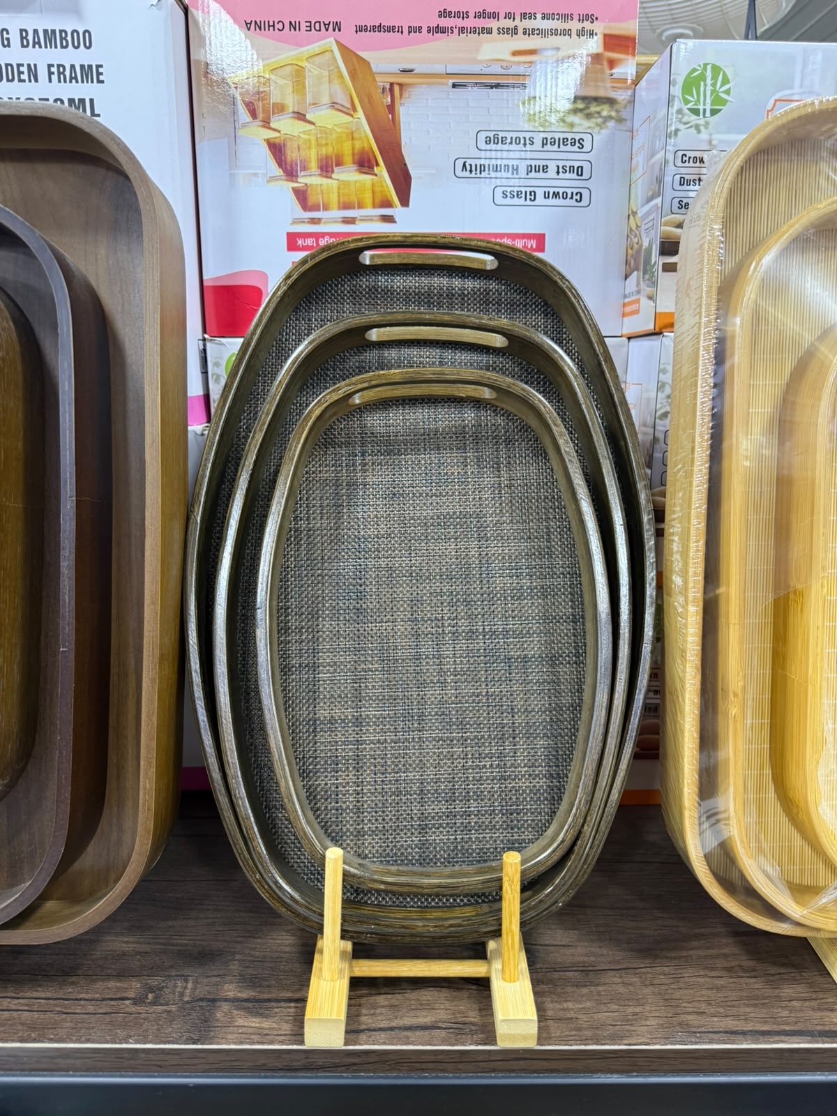 Oval Fabric-Texture Bamboo Trays Set