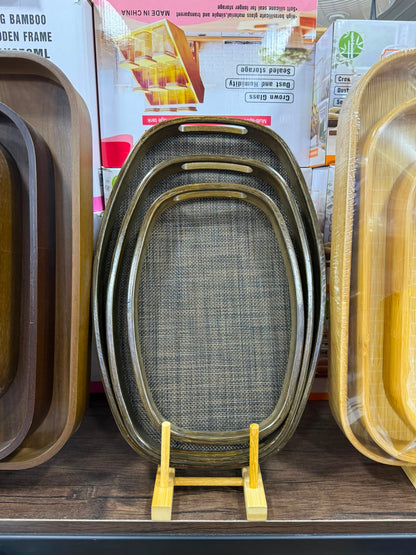Oval Fabric-Texture Bamboo Trays Set