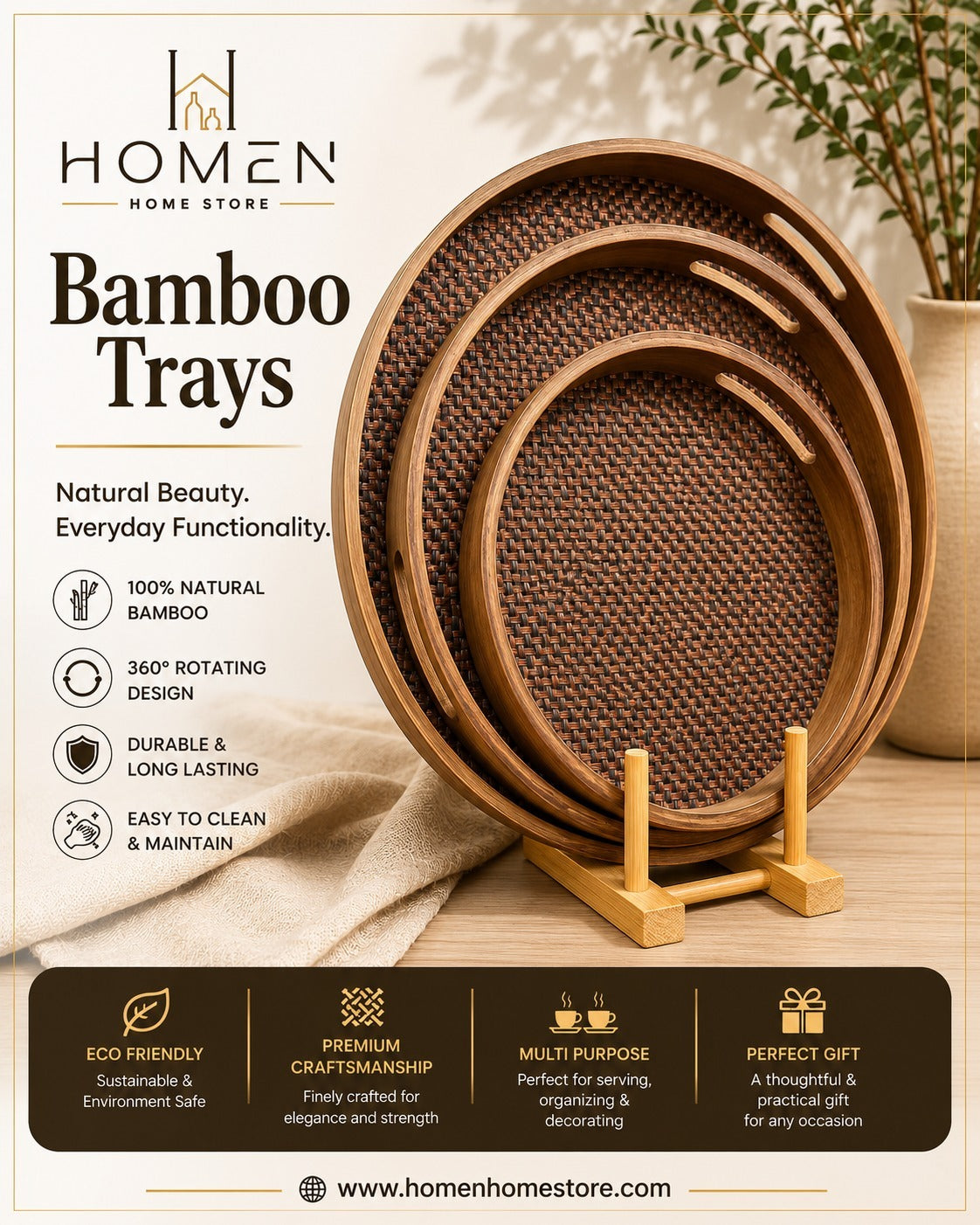 Round Bamboo Trays Set
