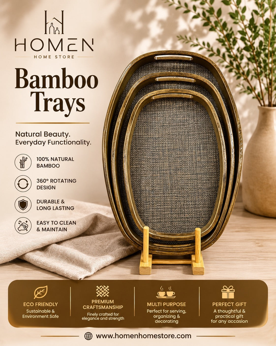 Oval Fabric-Texture Bamboo Trays Set