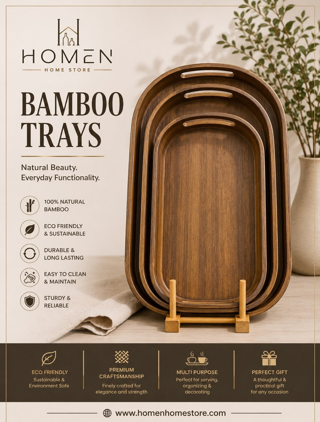 Classic Smooth Bamboo Trays Set