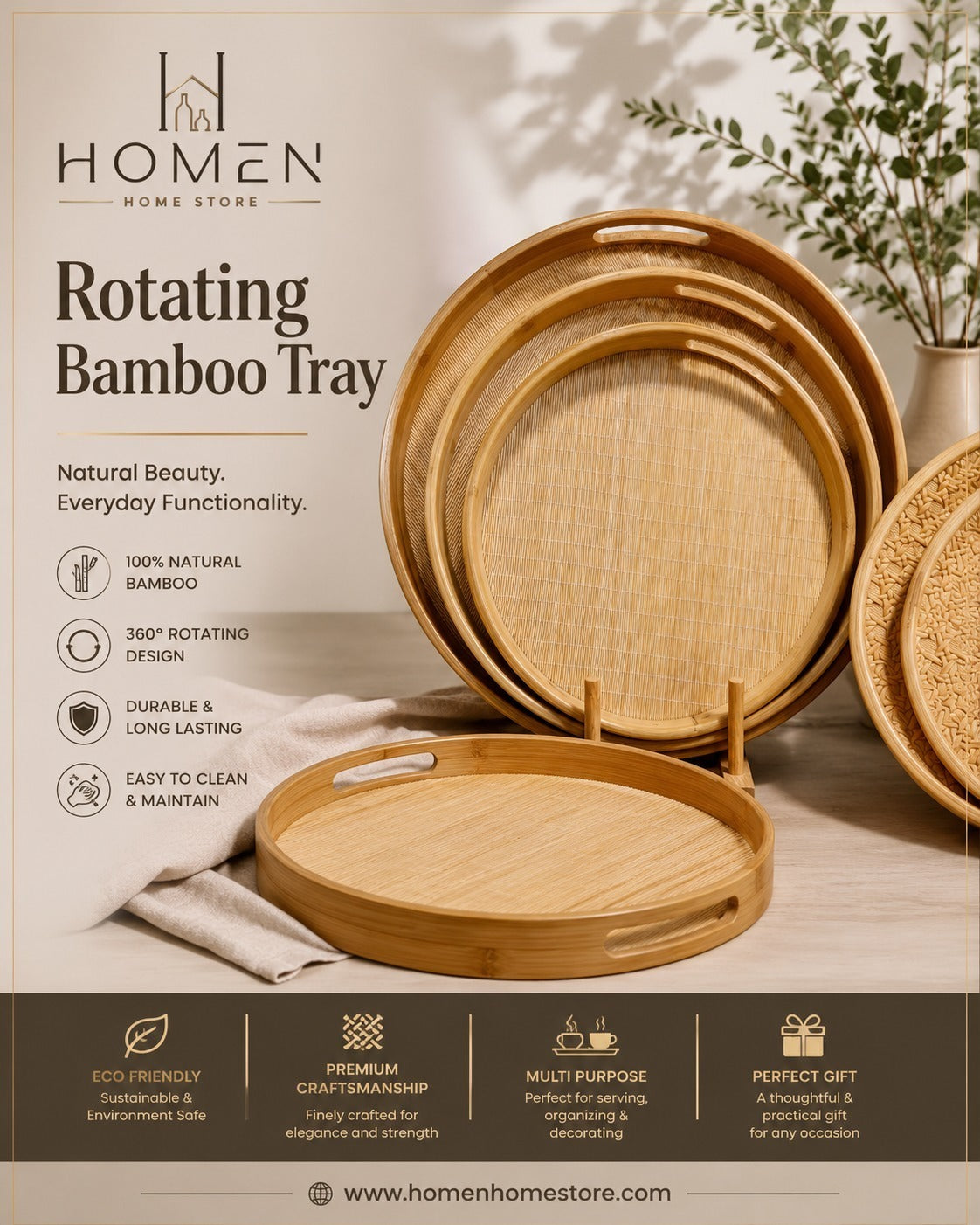 Rotating Bamboo Tray Set