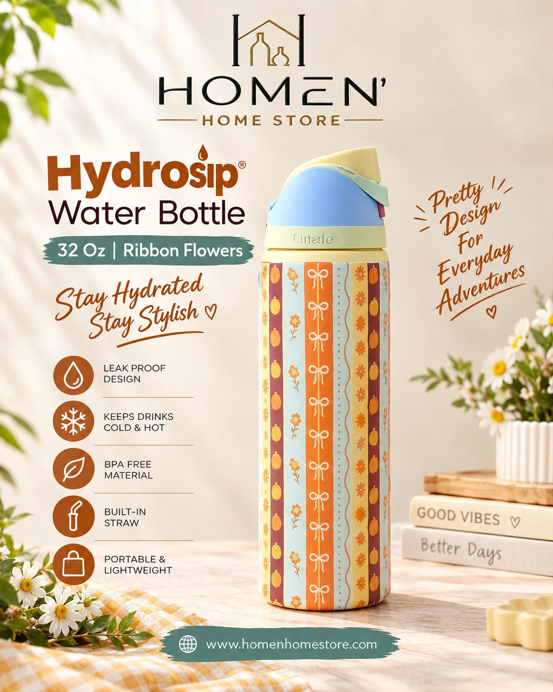 Hydro sip Water Bottle | 32 Oz | Ribbon Flowers
