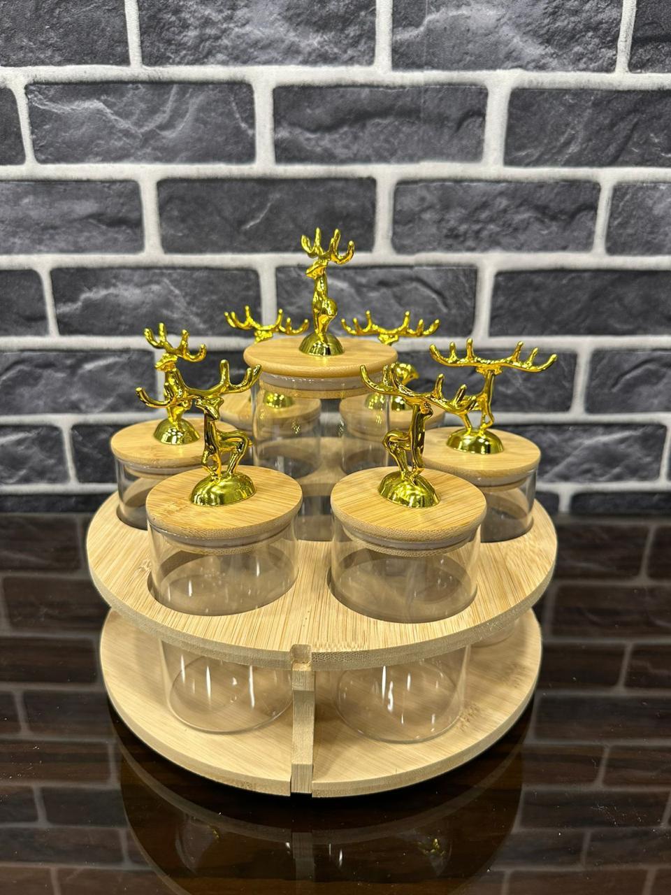 Elegant Tiered Glass Spice & Condiment Jar Set with Gold Deer Lids