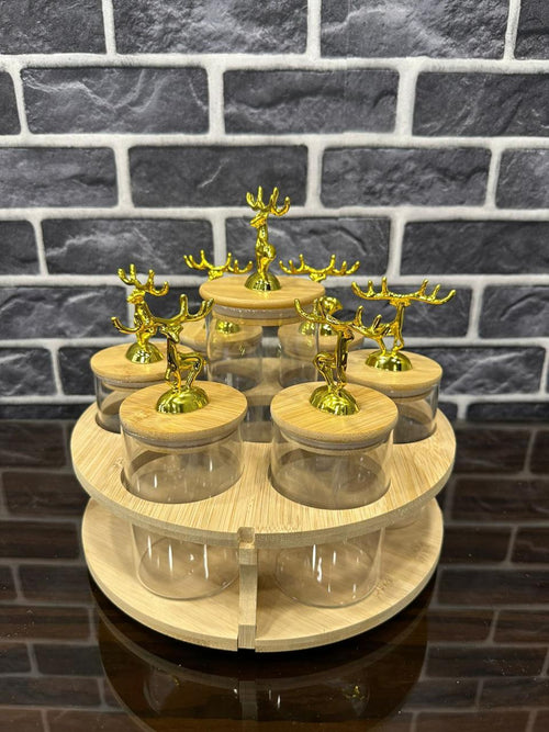 Elegant Tiered Glass Spice & Condiment Jar Set with Gold Deer Lids