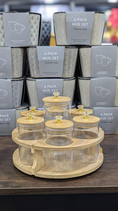 Rotating Tiered Glass Spice & Condiment Jar Set with Crystal Knob Lids