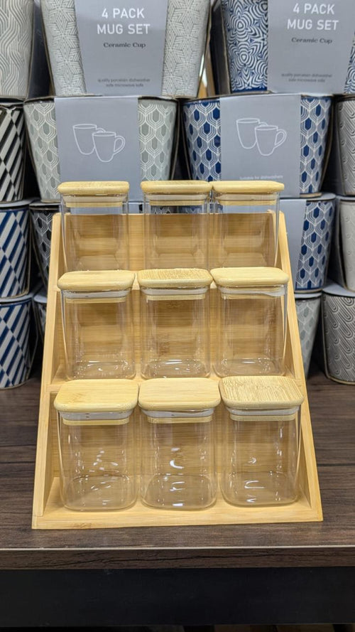 3-Tier Angled Wooden Spice Jar & Display Rack Set