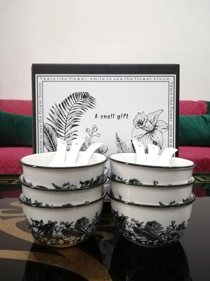 Elegant Black & White Ceramic Bowl Set with Spoons
