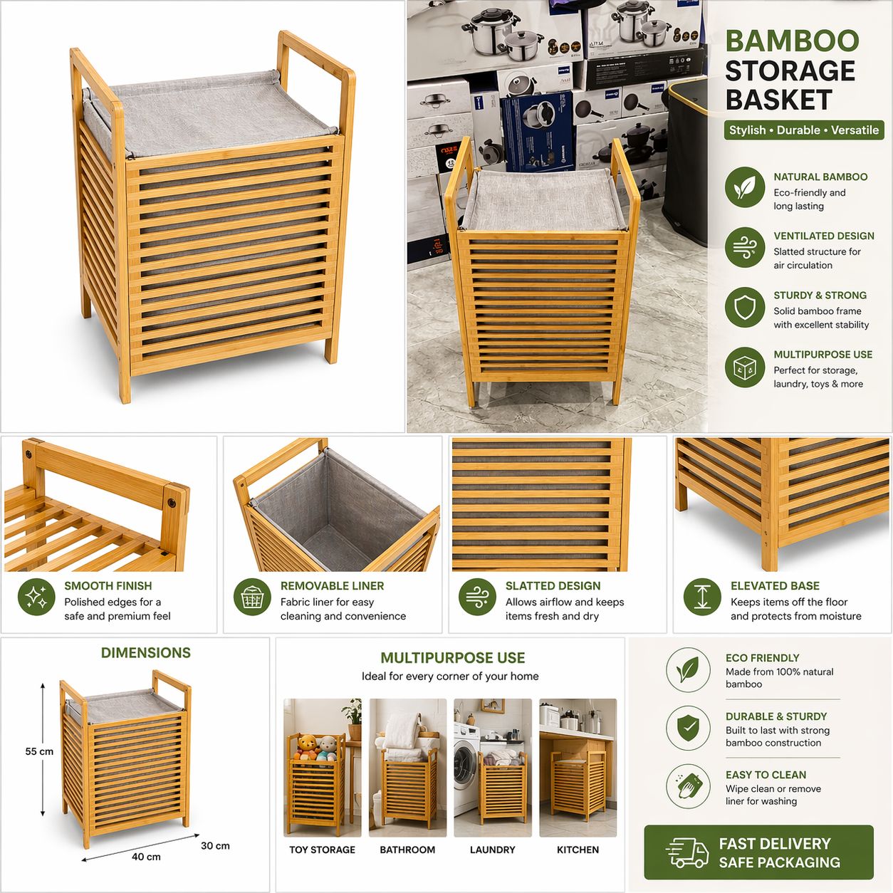 Multipurpose Bamboo Laundry Basket