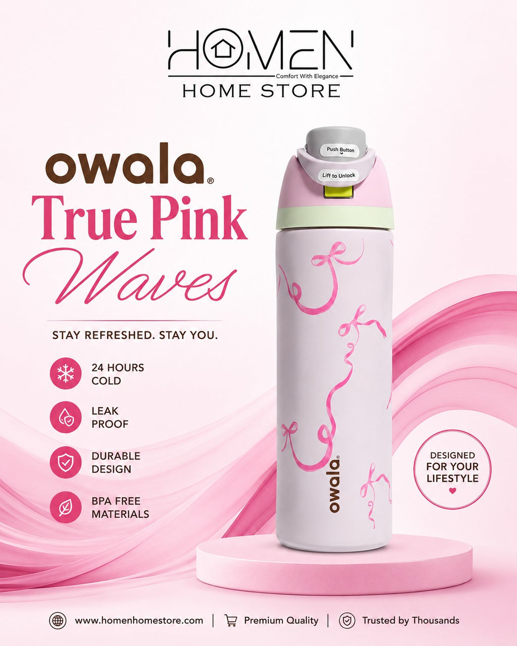 Owala Free Sip | 32 Oz | Tied and True Pink Waves