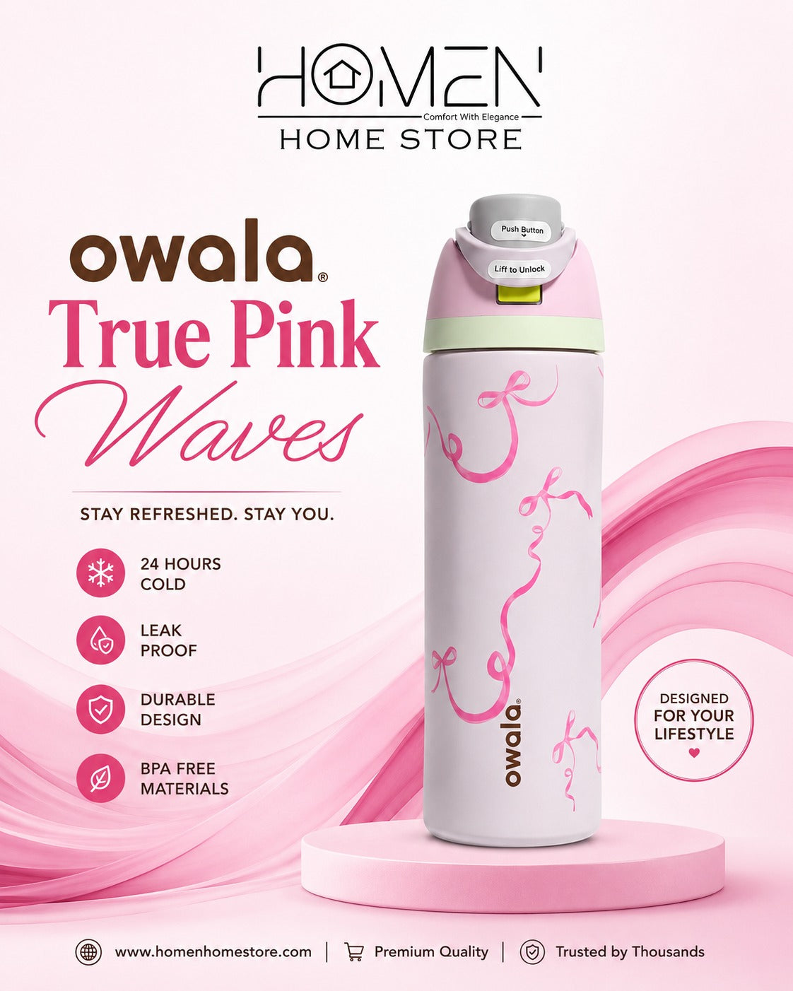 Owala Free Sip | 32 Oz | Tied and True Pink Waves