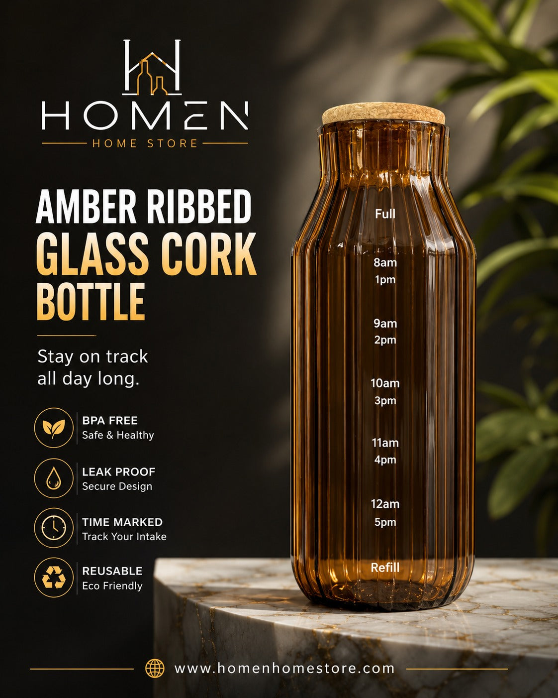 Amber Ribbed Glass Cork Bottle