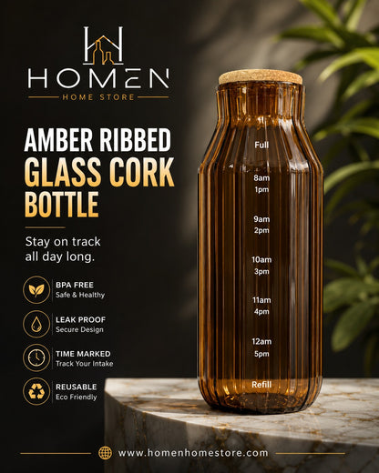 Amber Ribbed Glass Cork Bottle