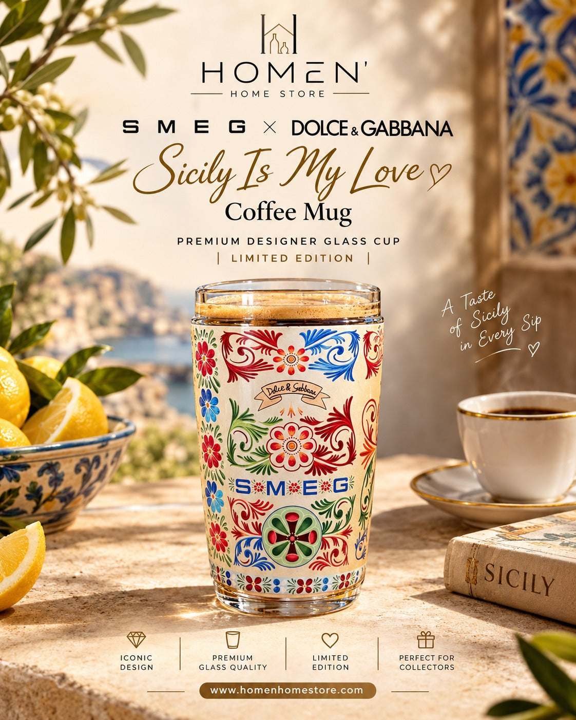 SMEG x Dolce & Gabbana Sicily Is My Love Coffee Mug – Premium Designer Glass Cup | Limited Edition