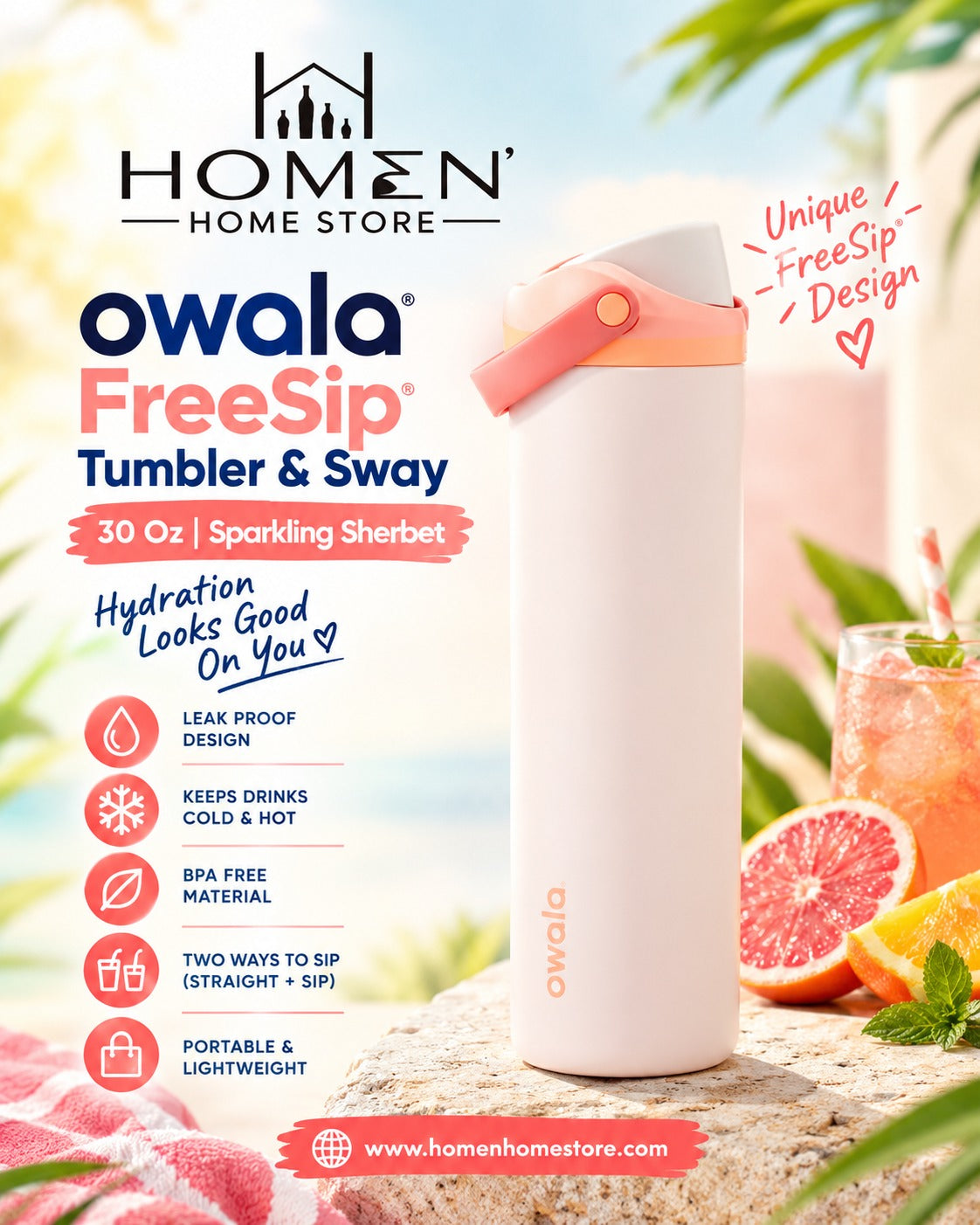 Owala FreeSip® Tumbler & Sway | 30 Oz | Sparkling Sherbet
