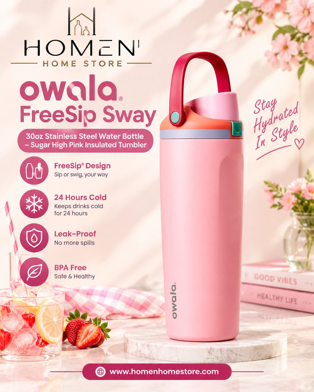 Owala FreeSip Sway 30oz Stainless Steel Water Bottle – Sugar High Pink Insulated Tumbler