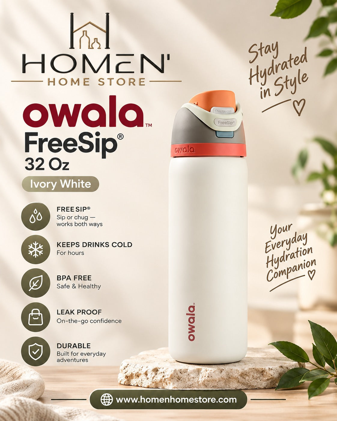 Owala FreeSip® | 32 Oz | Ivory White