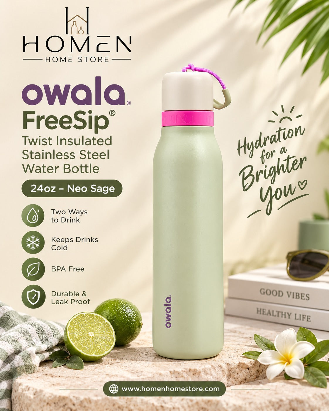 Owala FreeSip Twist Insulated Stainless Steel Water Bottle 24oz – Neo Sage