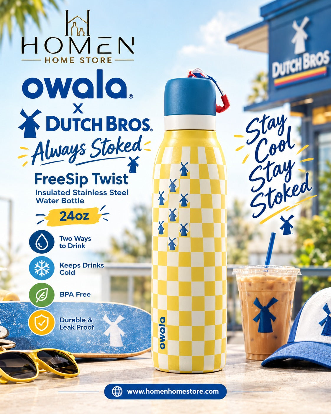 Owala x Dutch Bros “Always Stoked” FreeSip Twist Insulated Stainless Steel Water Bottle | 24oz