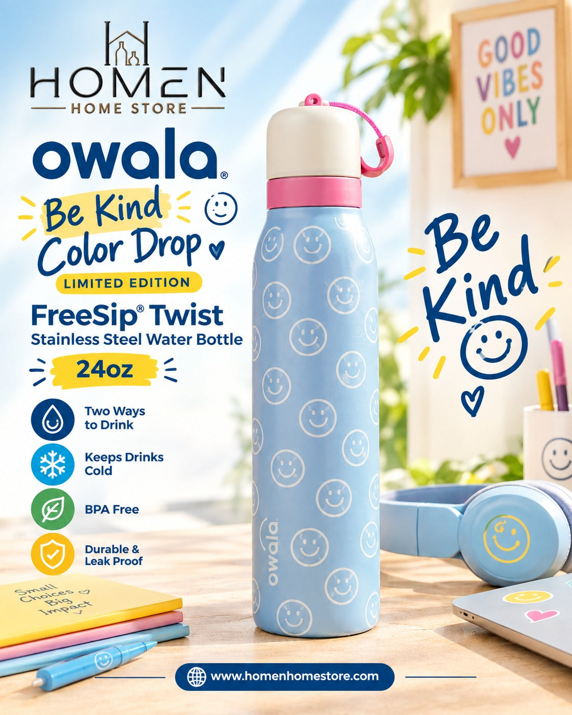 Owala Be Kind Color Drop Limited Edition FreeSip Twist Stainless Steel Water Bottle 24oz – Smiley Face
