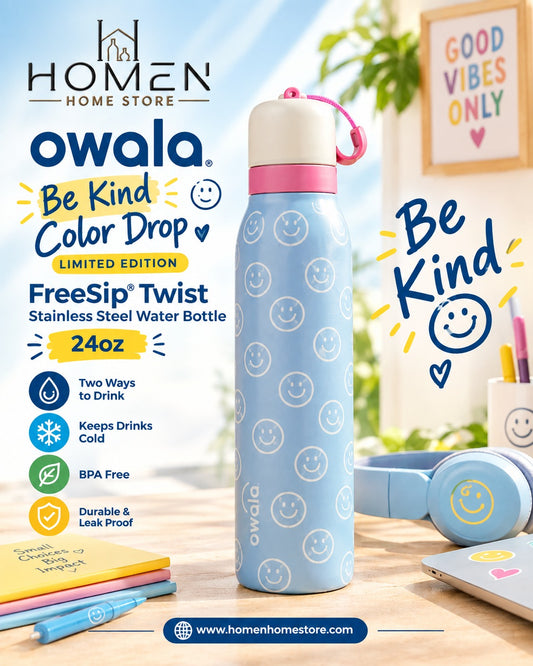Owala Be Kind Color Drop Limited Edition FreeSip Twist Stainless Steel Water Bottle 24oz – Smiley Face