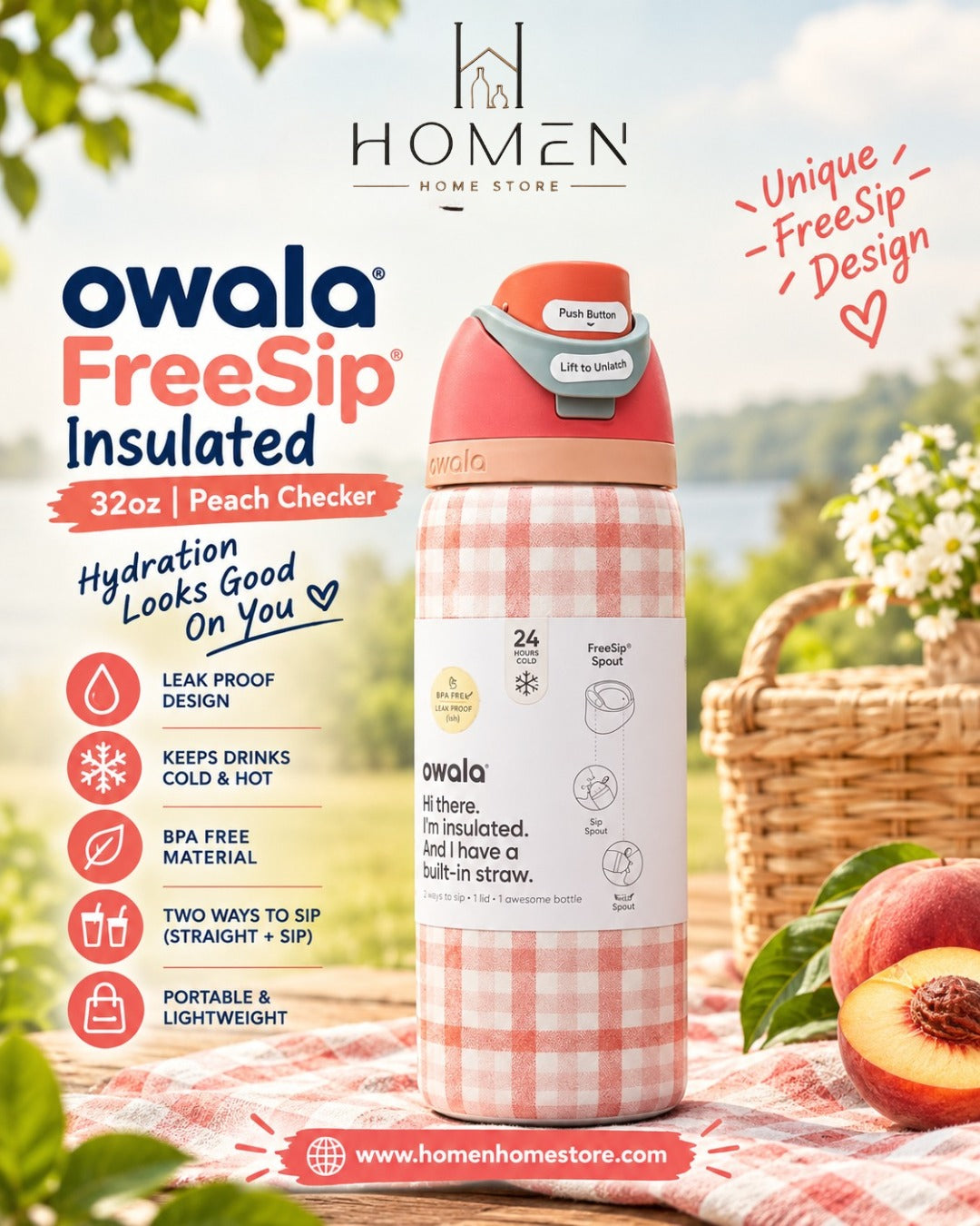 Owala Freesip Insulated 32oz Peach Checker