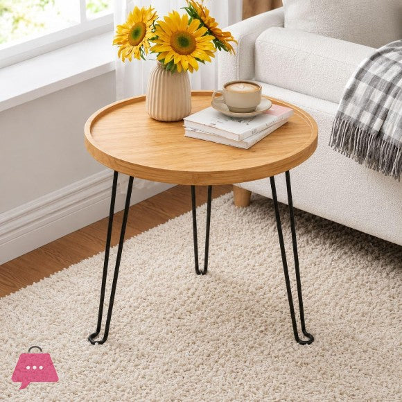 Bamboo Side Table with Retractable Metal Legs