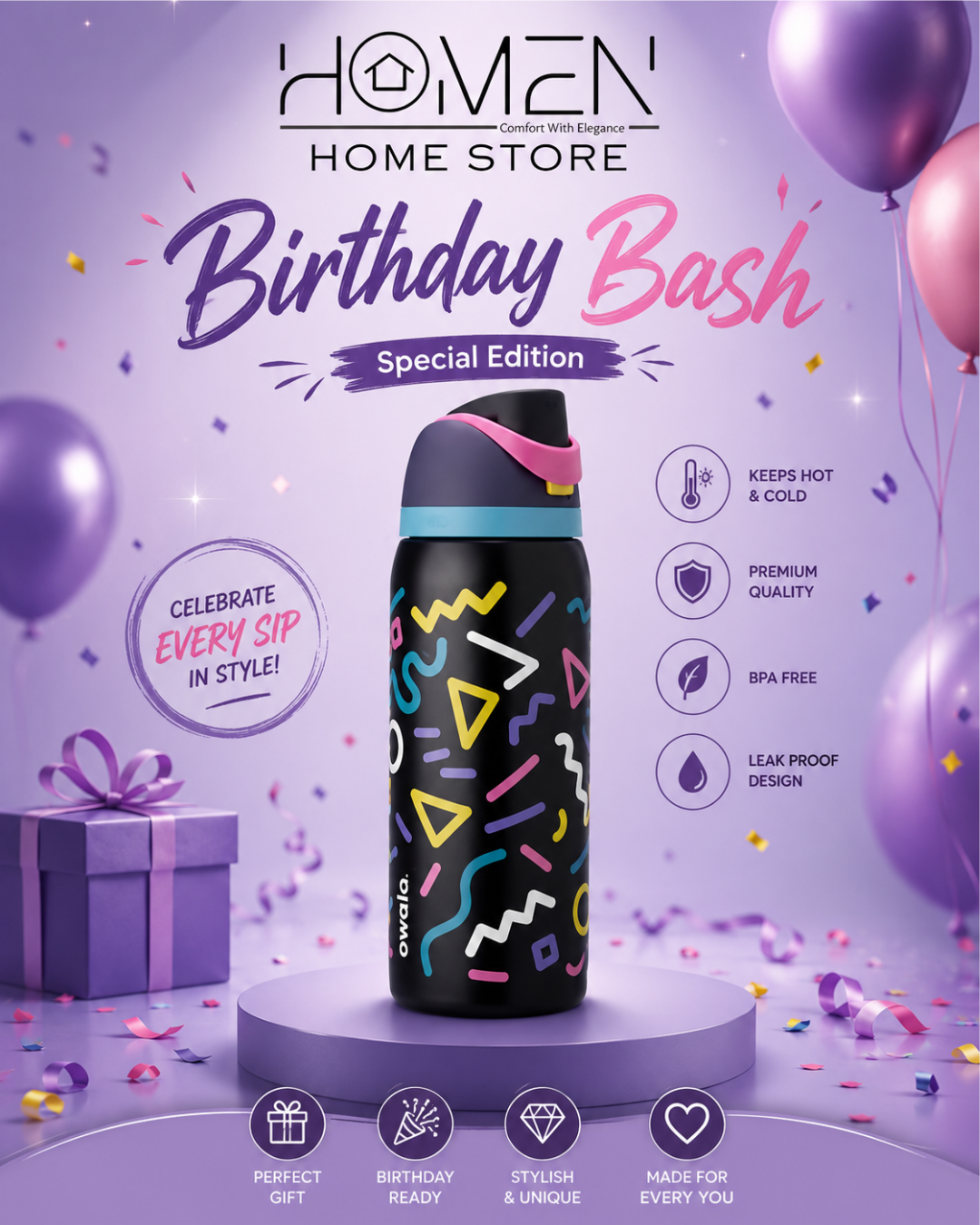 Owala Free Sip | 32 Oz | Birthday Bash Mixed Tape Magic