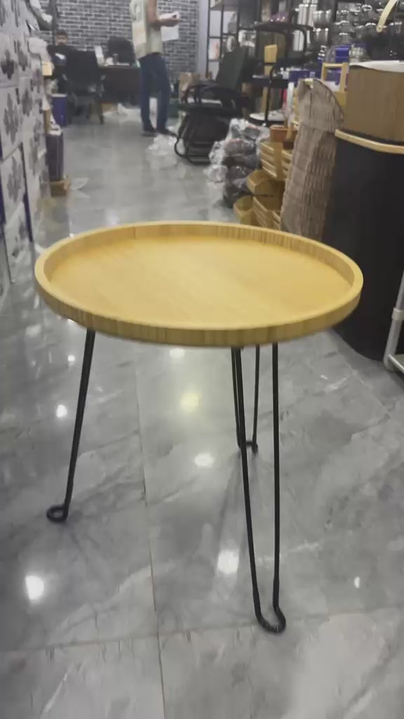 Bamboo Side Table with Retractable Metal Legs