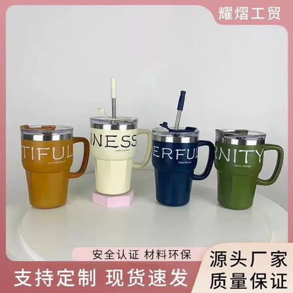 New Korean style coffee cup with steel straw and handle 480ml